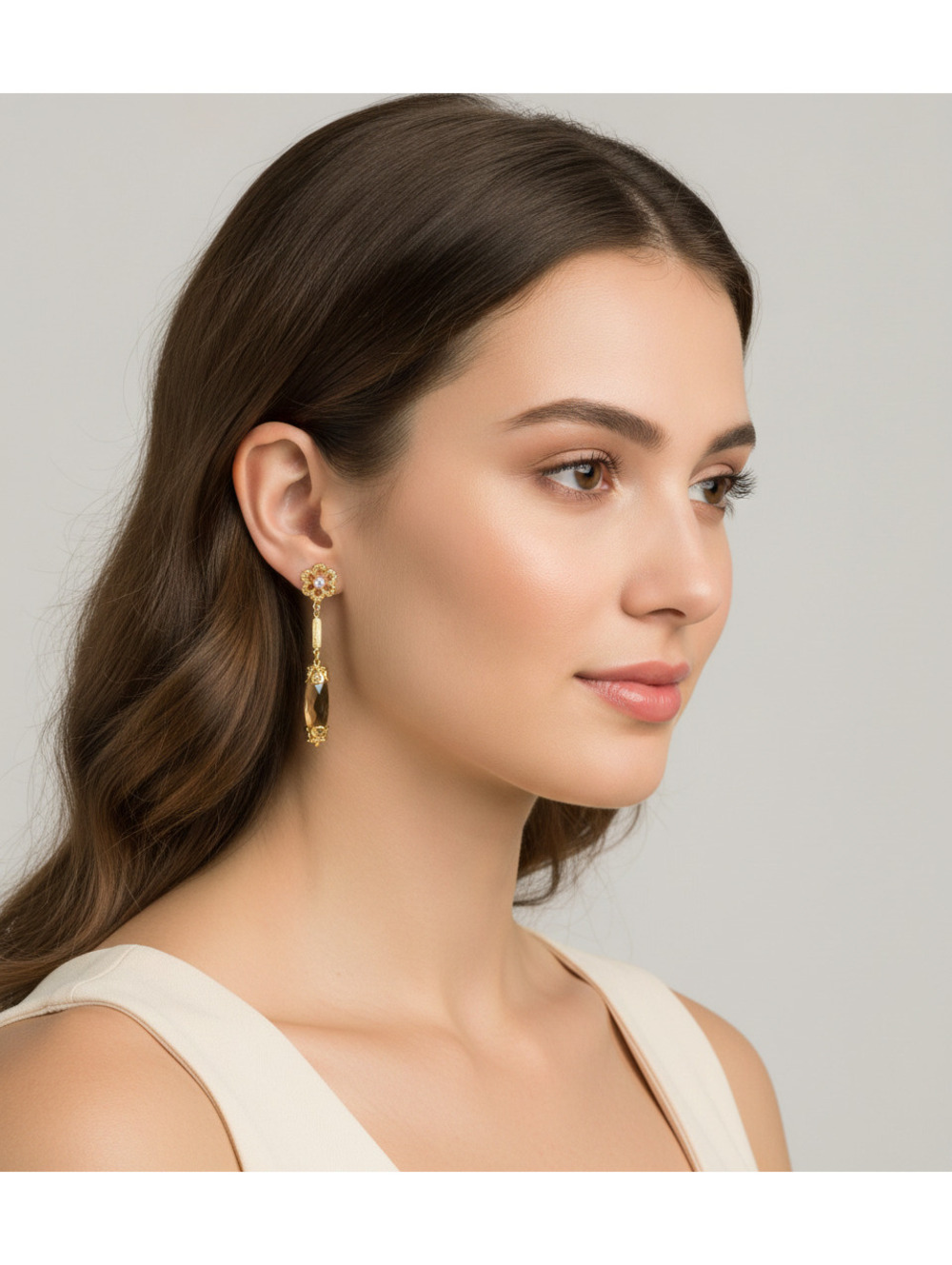 Philip Andre 18K Gold Diamond & Cinnamon Quartz Drop Dangling Earrings